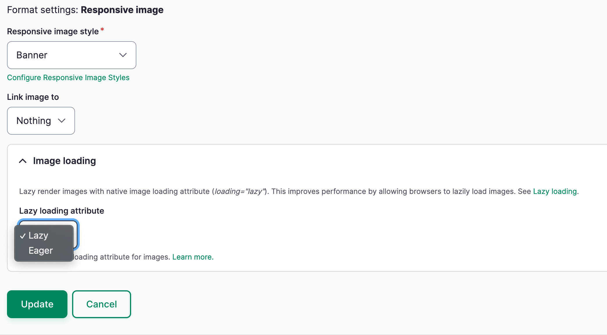 The Drupal admin Ui interface for setting the image loading attribute on a media entity