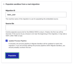 A form for populating the sandbox from a migration.
